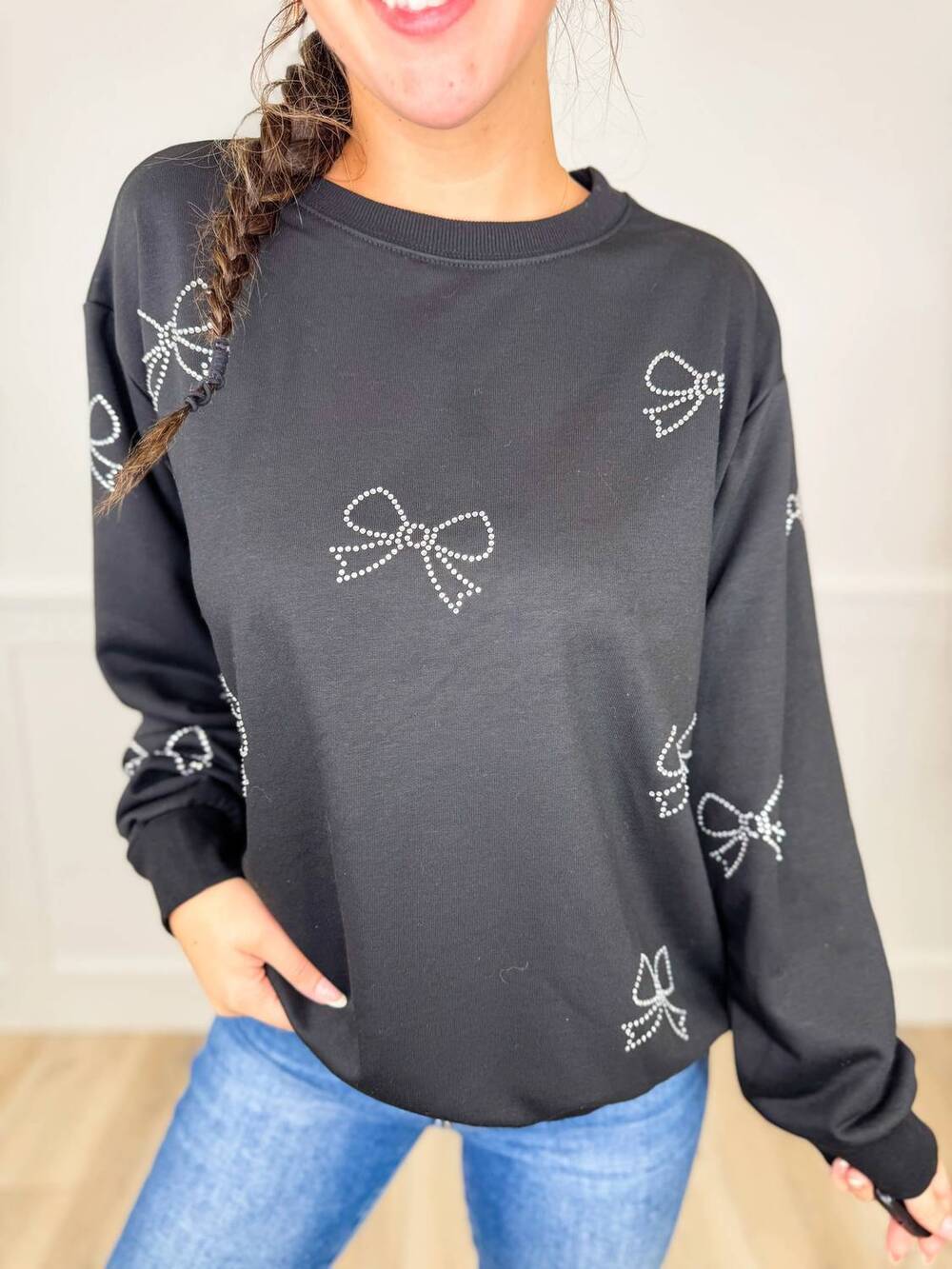 NEW SEW IN LOVE adored by you cotton blend long sleeve top in black